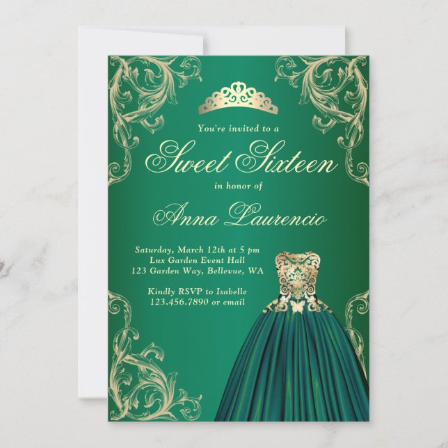 Invitation Elégante Gold Et Green Sweet 16 Anniversaire (Devant)