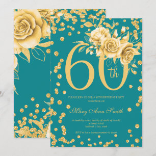 Invitation Elégante Gold Floral 60e fête d'anniversaire Turqu