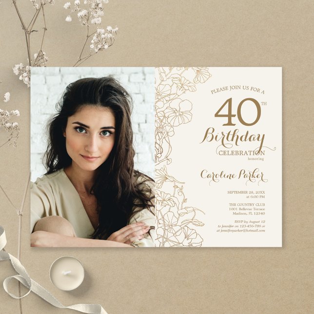 Invitation Elégante Gold Floral Photo 40e anniversaire (Créateur téléchargé)