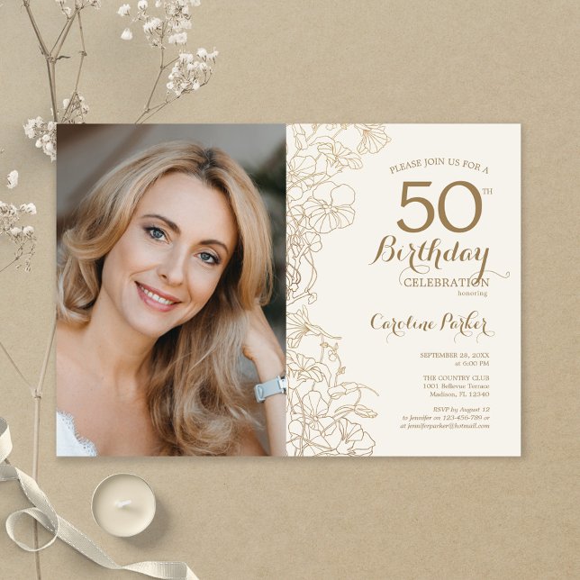 Invitation Elégante Gold Floral Photo 50e anniversaire (Créateur téléchargé)