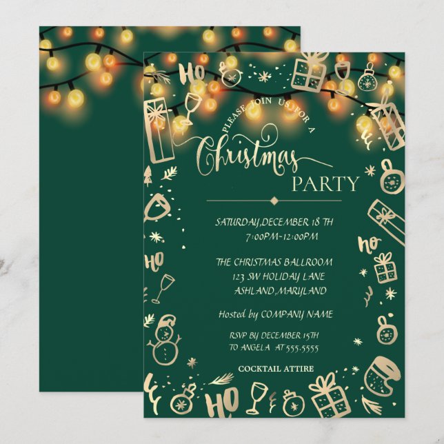 Invitation Elégante Gold Green, Lumières Entreprise Noël (Devant / Derrière)