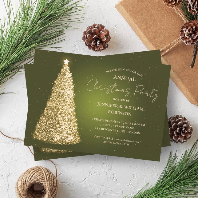 Invitation Elégante Gold Green Xmas Tree Fête de vacances (Elegant Gold Green Xmas Tree Sparkle Holiday Party Invitation)