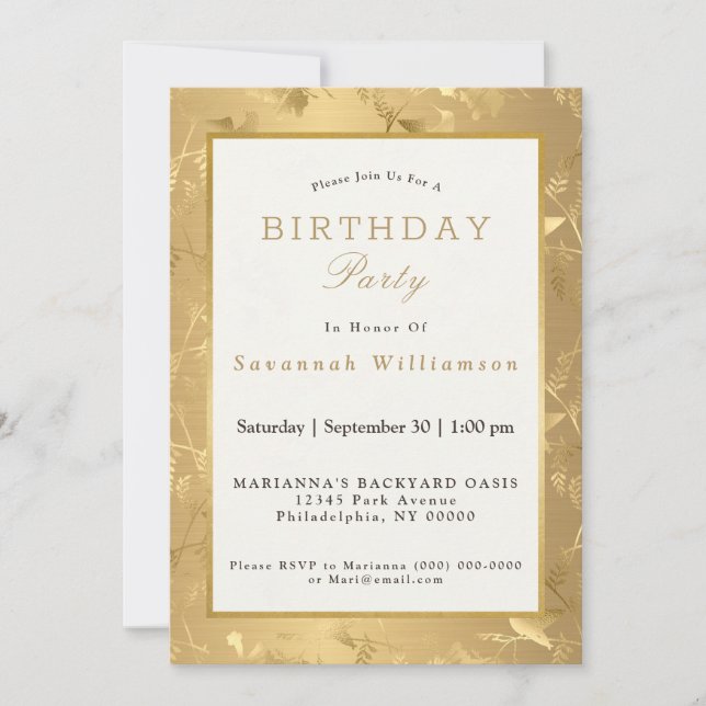 Invitation Elégante Gold Hummingbirds Glam fête d'anniversair (Devant)