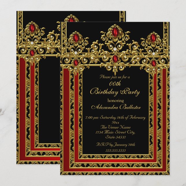 Invitation Elégante Gold Marocaine Style Rouge Anniversaire (Devant / Derrière)