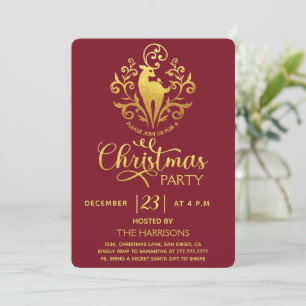 Invitation Élégante Gold Moderne Cerf Red Christmas Party