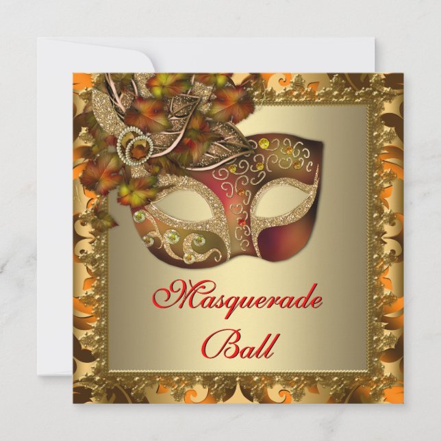Invitation Elégante Gold Orange Red Masquerade Party (Devant)