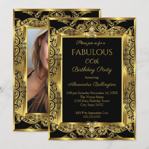 Invitation Elégante Gold Photo Anniversaire Fête Black Damask