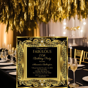 Invitation Elégante Gold Photo Anniversaire Fête Black Damask