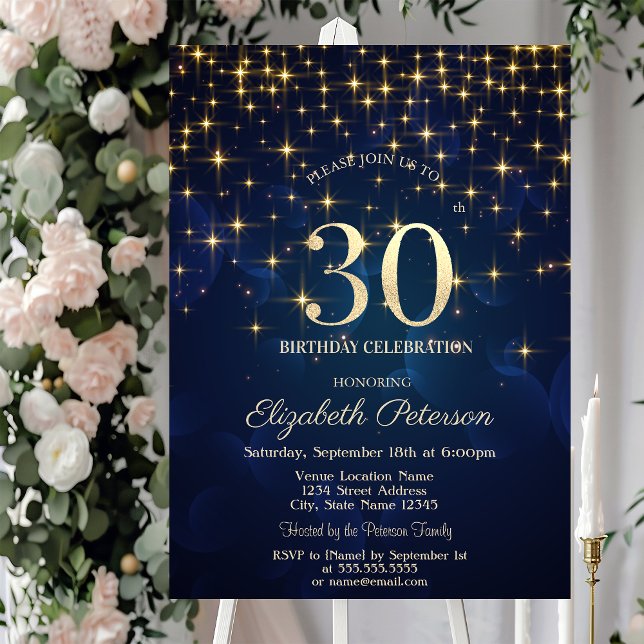 Invitation Elégante Gold Stars Marine Blue 30e anniversaire f (Créateur téléchargé)