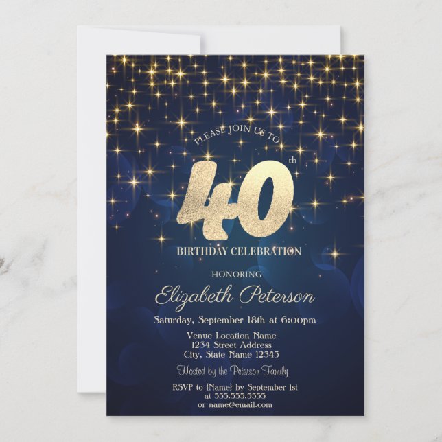 Invitation Elégante Gold Stars Marine Blue 40e anniversaire f (Devant)