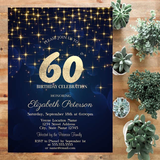 Invitation Elégante Gold Stars Marine Blue 60e fête d'anniver (Créateur téléchargé)