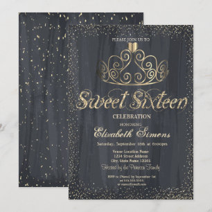 Invitation Elégante Gold Tiara Confetti Princess Sweet 16