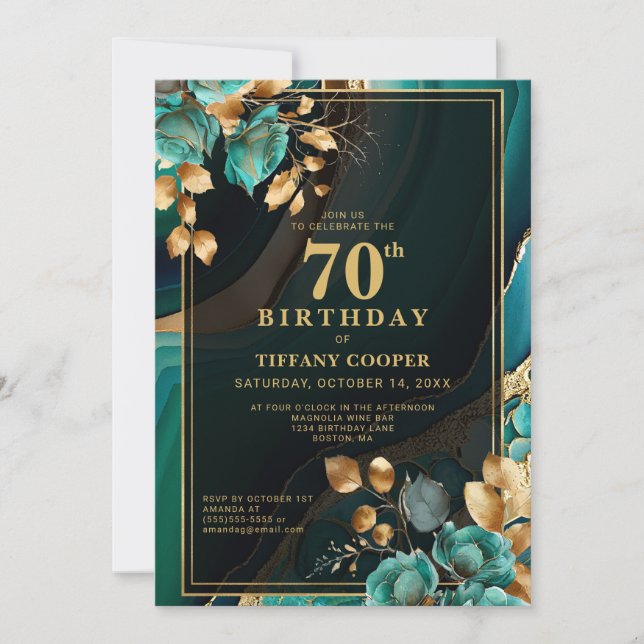 Invitation Elégante Gold Turquoise 70e fête d'anniversaire (Devant)