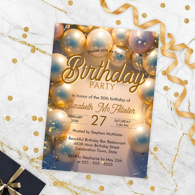 Invitation Elégante Gold & White Balloons 50e anniversaire (Créateur téléchargé)