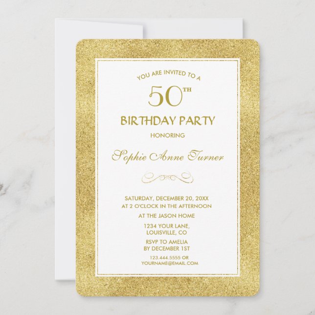 Invitation Elégante Gold & White Border 50e fête d'anniversai (Devant)