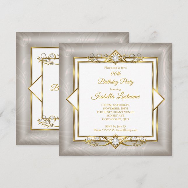 Invitation Elégante Gold White Grey Pearl fête d'anniversaire (Devant / Derrière)