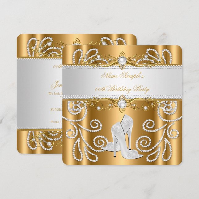 Invitation Elégante Gold White Pearl Diamond High Heel Party  (Devant / Derrière)