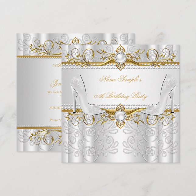 Invitation Elégante Gold White Pearl Diamond High Heels Party (Devant / Derrière)