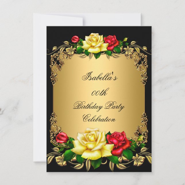 Invitation Elégante Golden Red Yellow Roses Anniversaire A (Devant)
