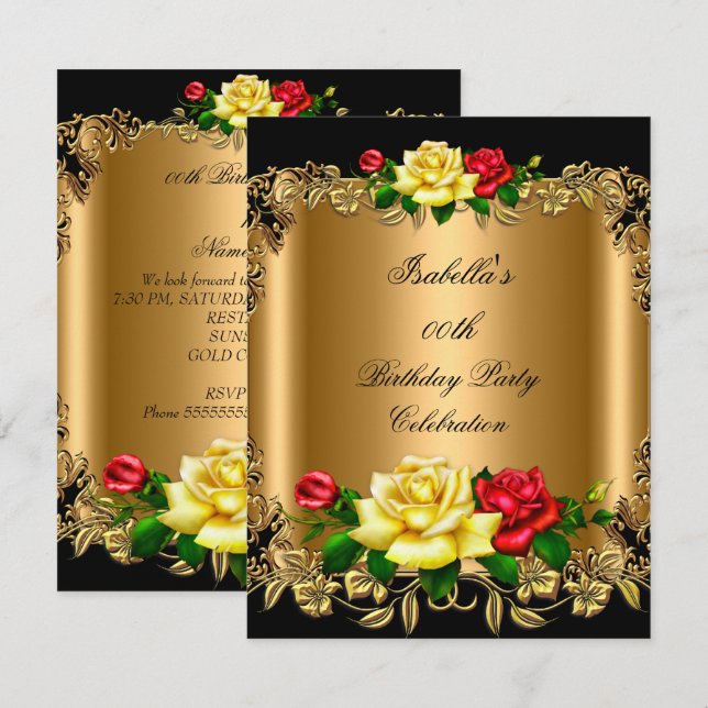 Invitation Elégante Golden Red Yellow Roses Anniversaire fête (Devant / Derrière)