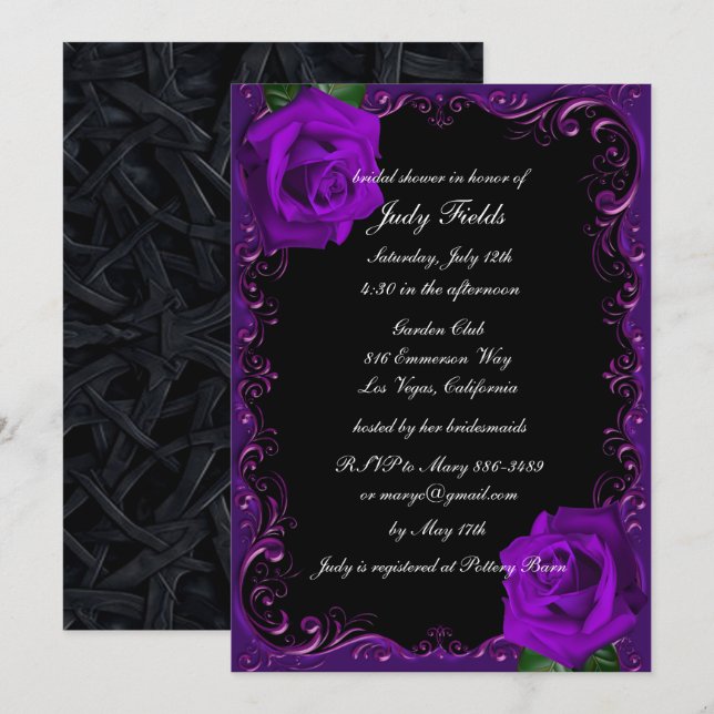 Invitation Élégante Goth Purple Rose Fête des mariées (Devant / Derrière)