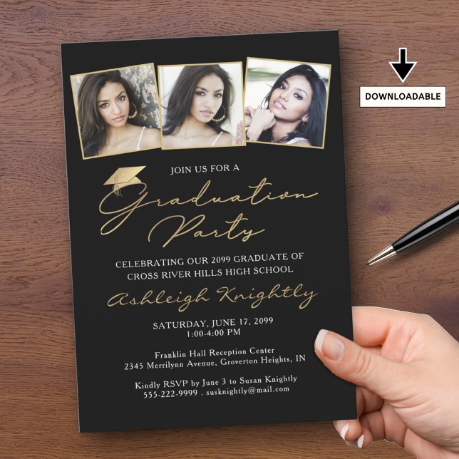 Invitation Élégante graduation 3 Photos Black Gold Script Cas (Créateur téléchargé)