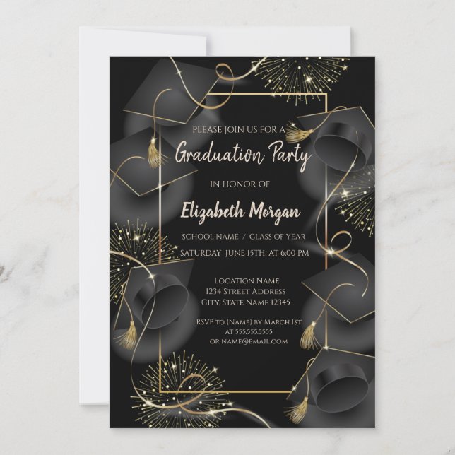 Invitation Élégante Graduation Caps Black Graduation (Devant)