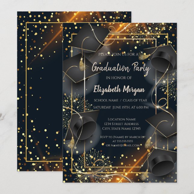 Invitation Élégante Graduation Caps Dots Graduation Party (Devant / Derrière)