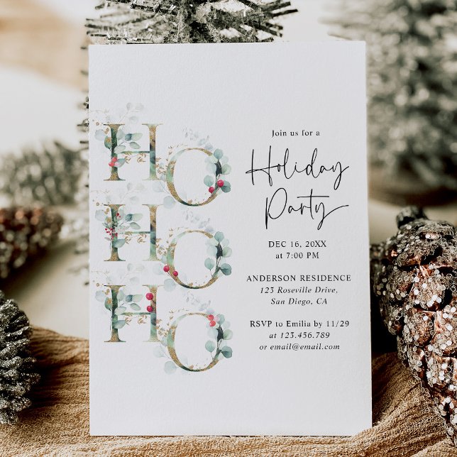 Invitation Elégante Green & Gold Ho Ho Holiday Party (Créateur téléchargé)