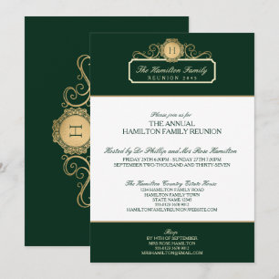 Invitation Elégante Green Gold Monogramme Famille Réunion