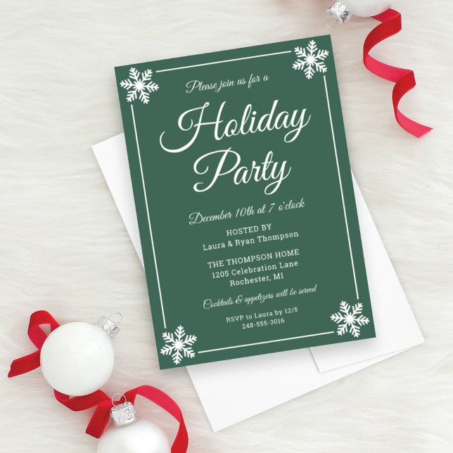Invitation Élégante Green Snowflake Script Fête de vacances (Créateur téléchargé)
