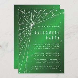 Invitation Elégante Green Sparkling Spider Web Halloween Part