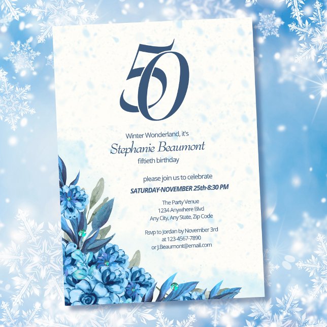Invitation Elégante hiver Fleurs Bleues Bleues 50e anniversai (Créateur téléchargé)