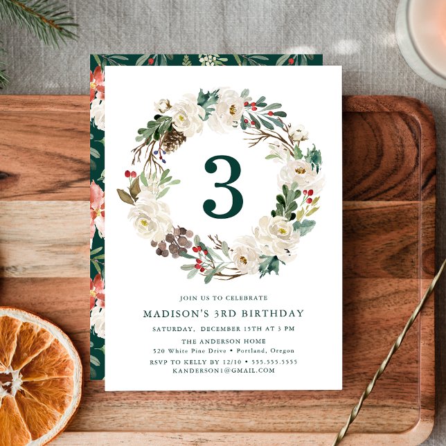 Invitation Elégante hiver Floral Wreath Green fête d'annivers (Créateur téléchargé)