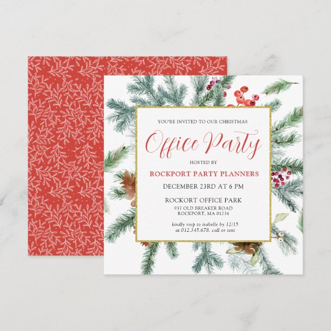 Invitation Elégante hiver verdure Noël Bureau fête (Devant / Derrière)