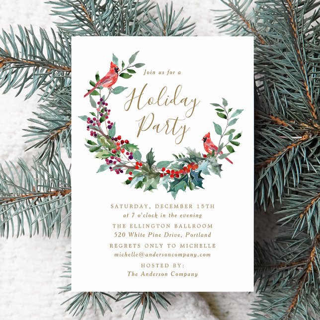 Invitation Élégante Holly Berry Wreath Cardinals Fête de Vaca (Créateur téléchargé)