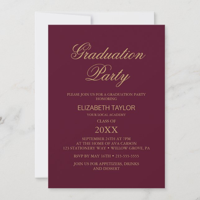 Invitation Élégante huile d'or | Burgundy Graduation Party (Devant)