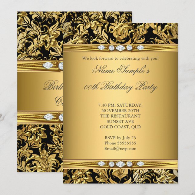 Invitation Elégante huile d'or Damask Diamant noir Anniversai (Devant / Derrière)
