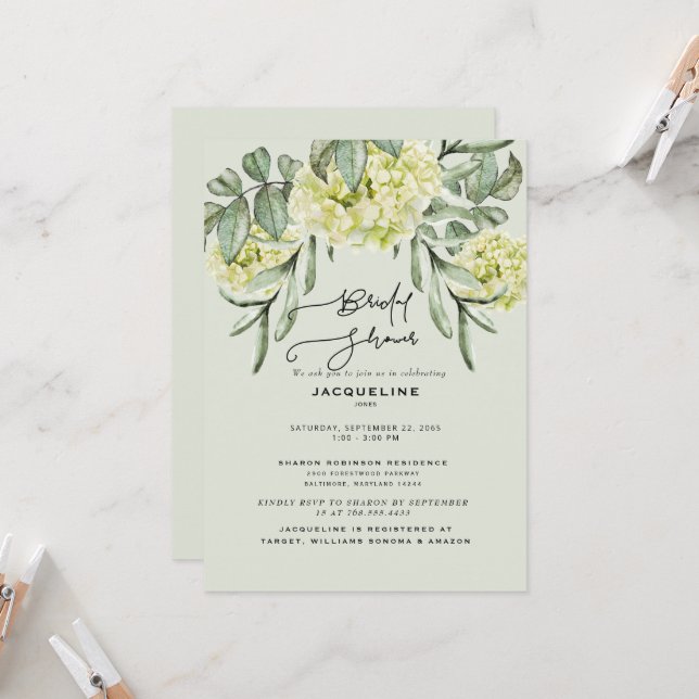 Invitation Élégante Hydrangea Mint Douche nuptiale (Devant/Arrière en situation)