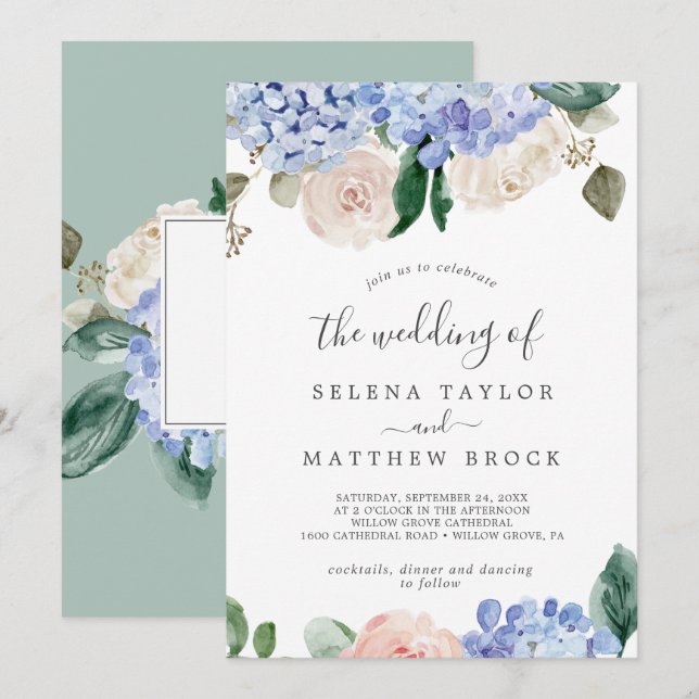 Invitation Elégante Hydrangée Bleue | Blanc Le Mariage De (Devant / Derrière)