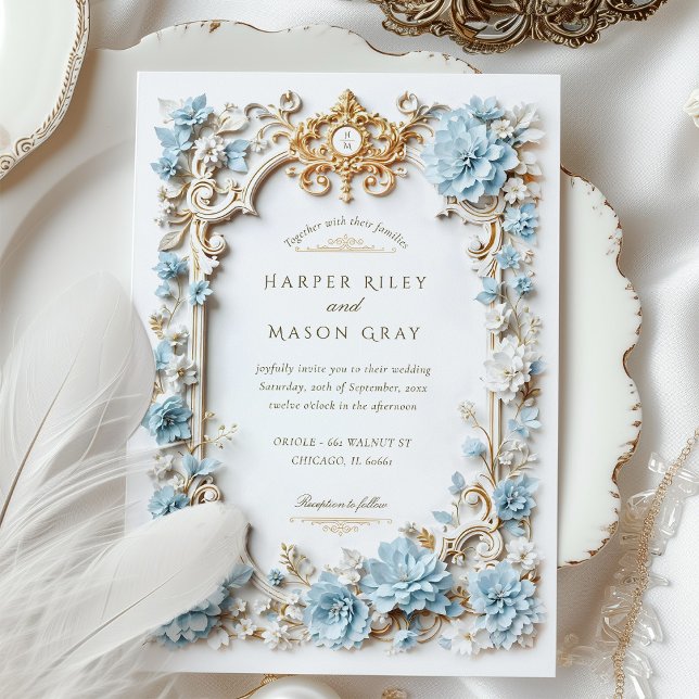 Invitation Elégante Hydrangée Bleue Dusty Faux Embossée (Créateur téléchargé)