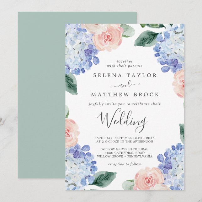 Invitation Elégante Hydrangée Bleue | Mariage blanc (Devant / Derrière)