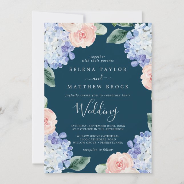 Invitation Elégante Hydrangée Bleue | Mariage de marine (Devant)