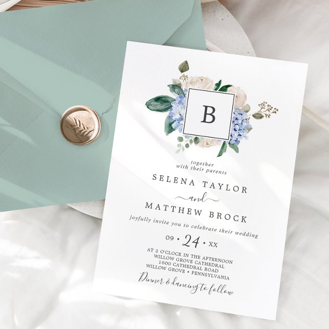 Invitation Elégante Hydrangée Bleue | Mariage de monogramme b (Créateur téléchargé)