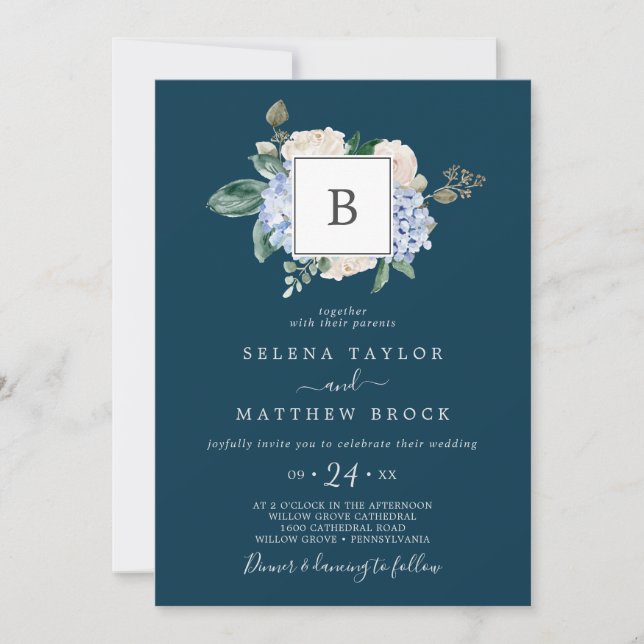 Invitation Elégante Hydrangée Bleue | Mariage de monogramme d (Devant)