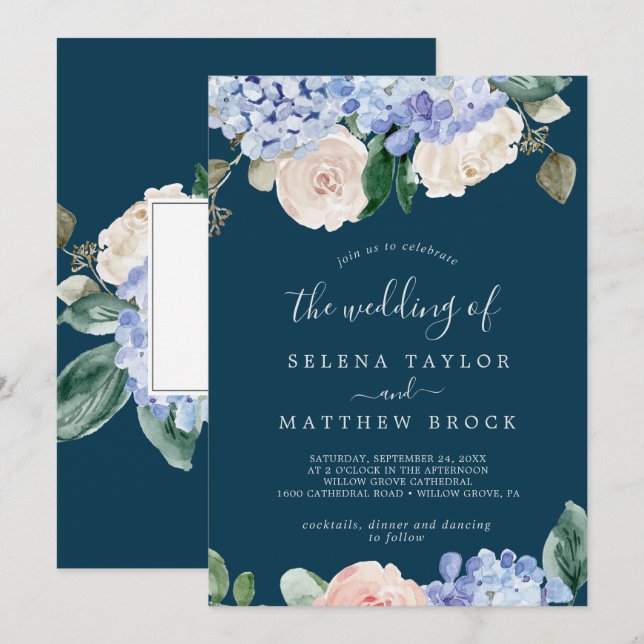 Invitation Elégante Hydrangée Bleue | Marine Le Mariage de (Devant / Derrière)