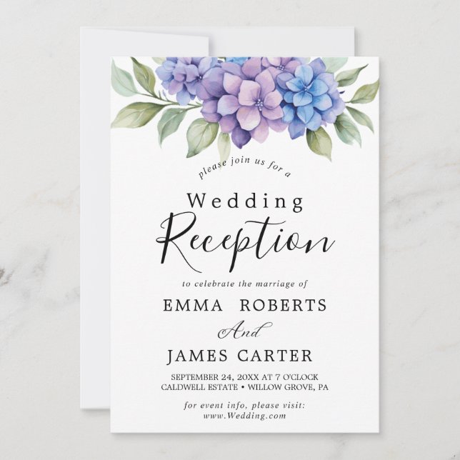 Invitation Elégante Hydrangée Bleue | Réception de mariage bl (Devant)