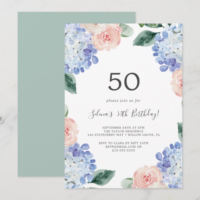 Invitation Elégante Hydrangée Bleue | White 50th Birthday Par (Devant / Derrière)