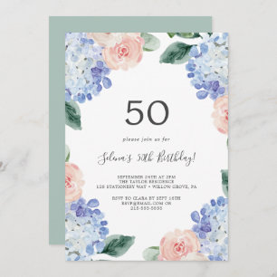 Invitation Elégante Hydrangée Bleue   White 50th Birthday Par