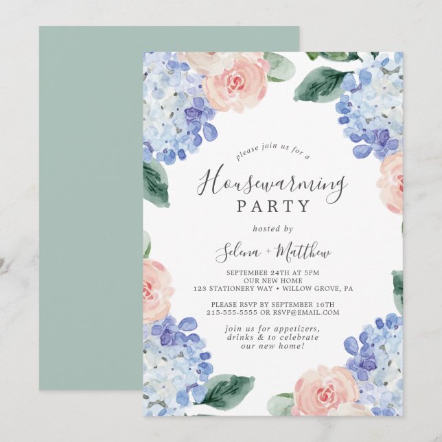 Invitation Elégante Hydrangée Bleue | White House Party (Devant / Derrière)